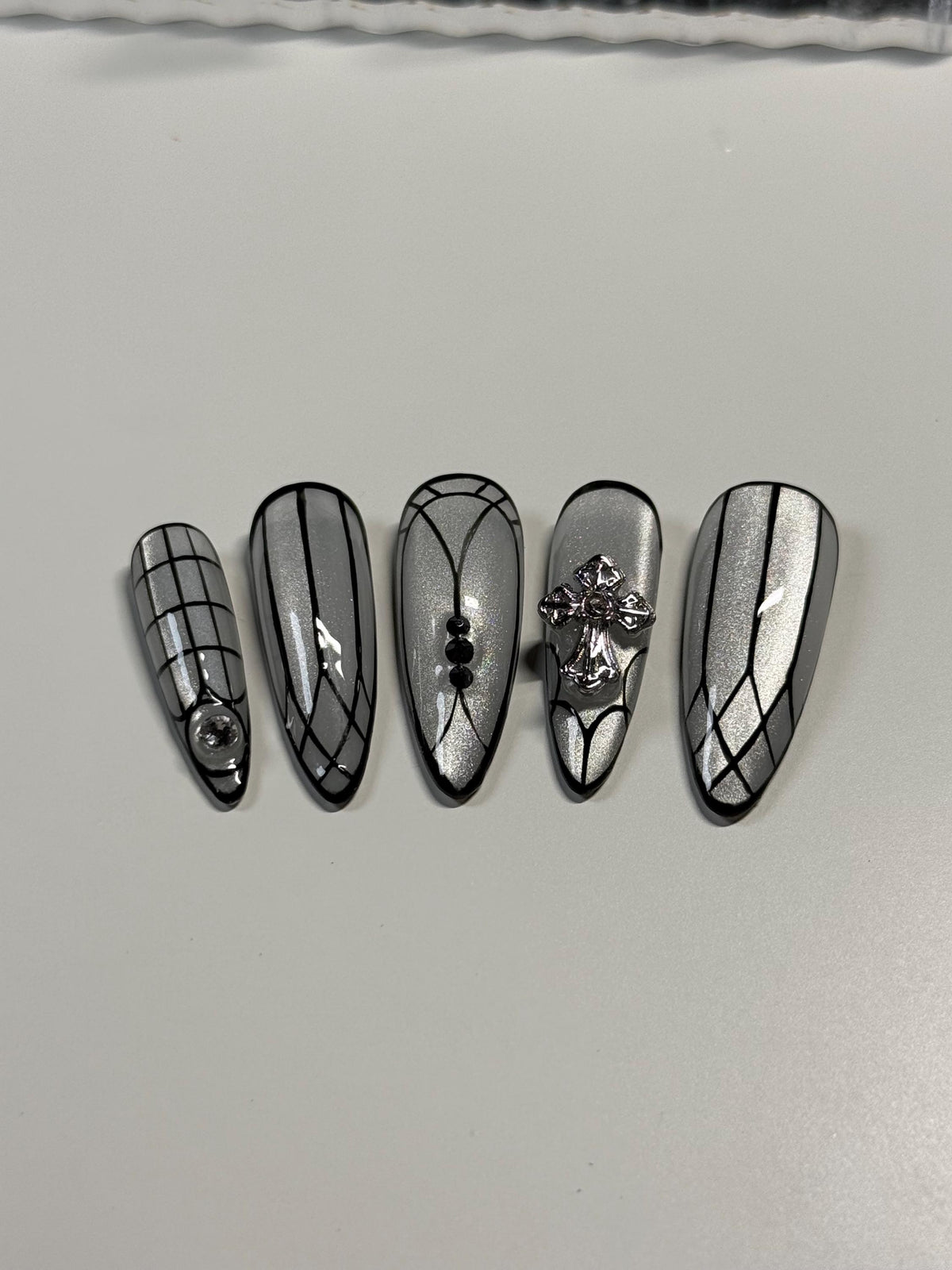 Gothic Cathedral Window Nails With Silver Cat-Eye Shimmer and Cross Charm