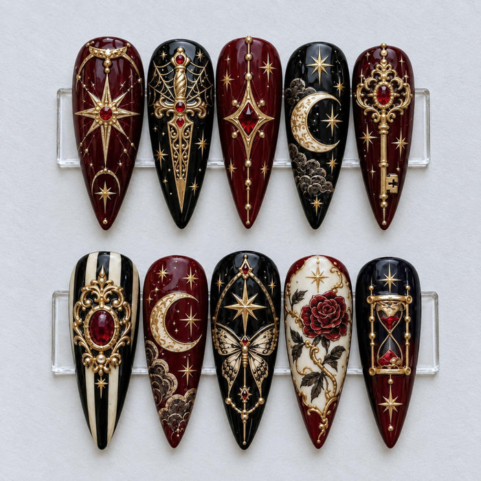 Gothic Celestial Baroque Press On Nails in Burgundy, Black, Ivory, and Gold