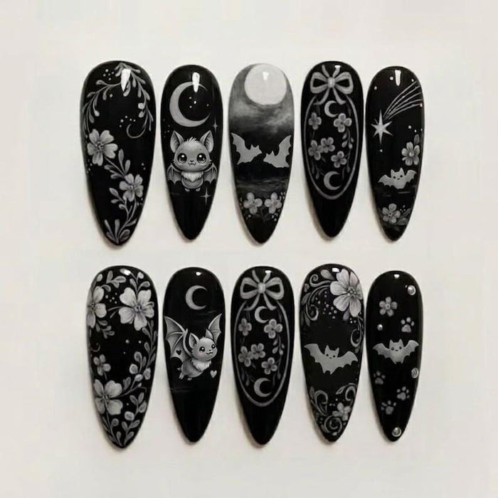 Gothic Celestial Black Press On Nails With Bats, Crescent Moons, Floral Vines, and Bows