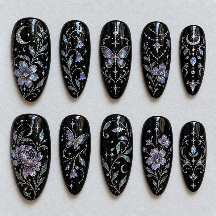 Gothic Celestial Black Press On Nails With Lavender Flowers, Butterflies, Moons and Silver Details