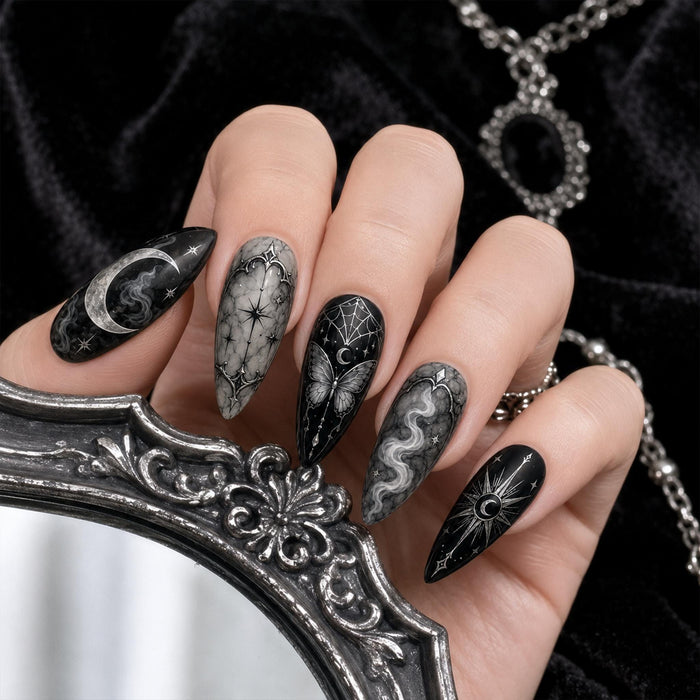 Gothic Celestial Butterfly Halloween Press On Nails in Black and Smoky Gray