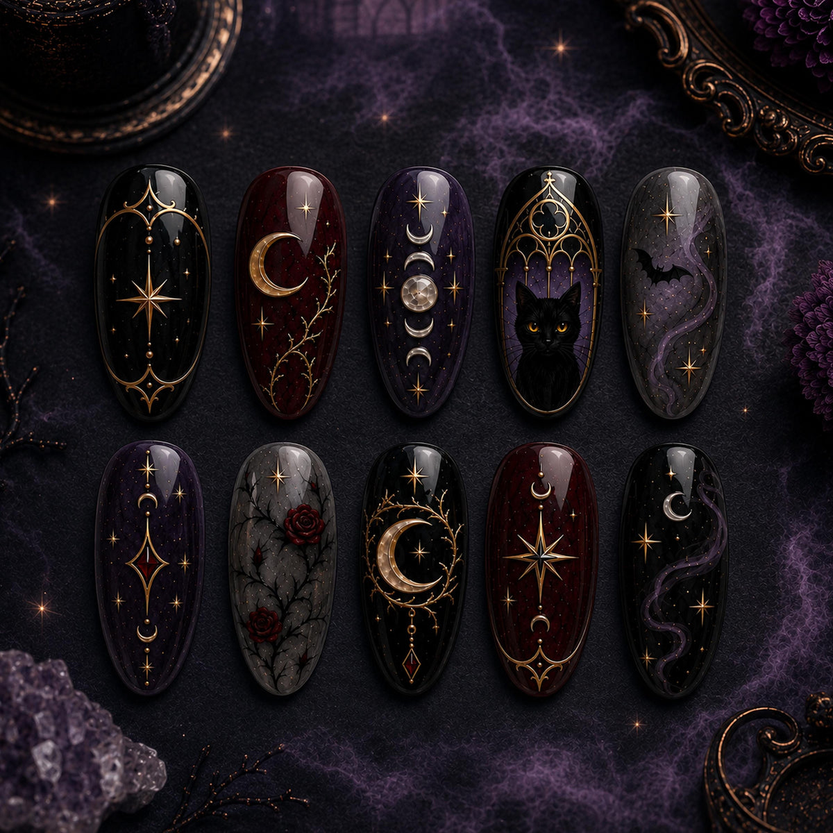 Gothic Celestial Cat Press-On Nails with Antique Gold Moons and Dark Roses