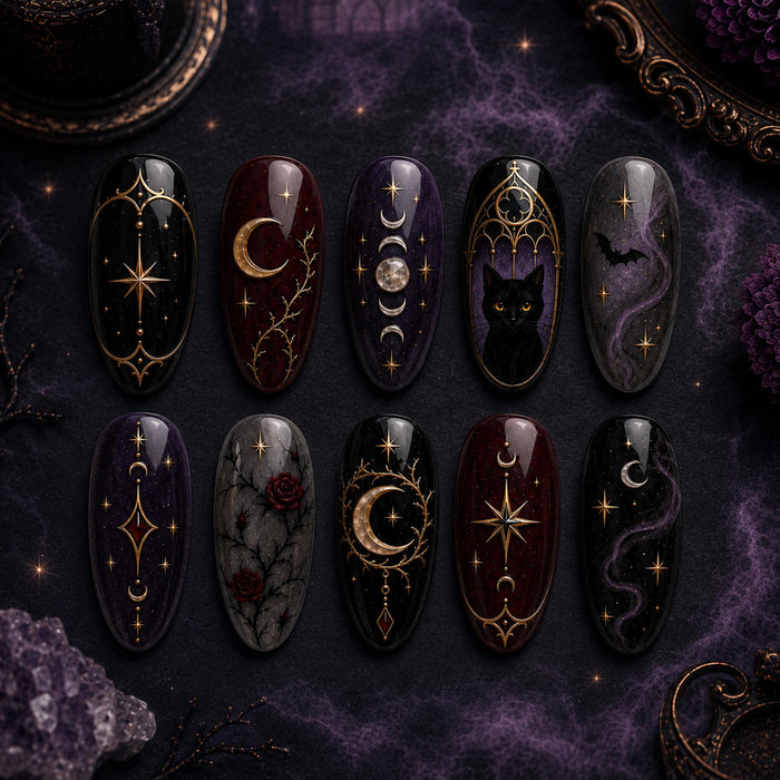 Gothic Celestial Cat Press-On Nails with Antique Gold Moons and Dark Roses