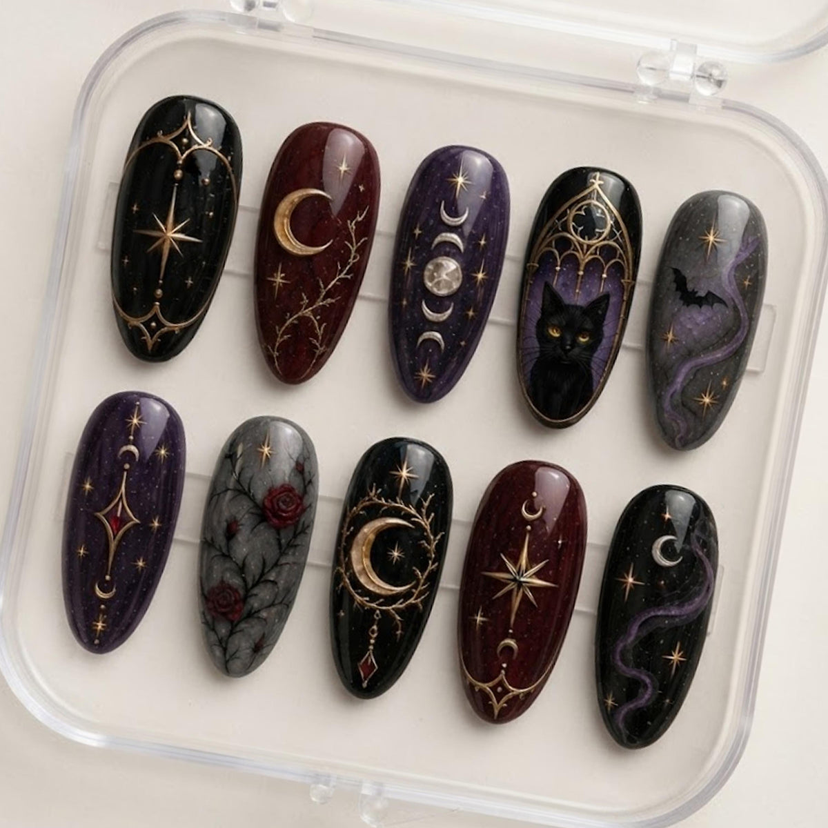 Gothic Celestial Cat Press-On Nails with Antique Gold Moons and Dark Roses