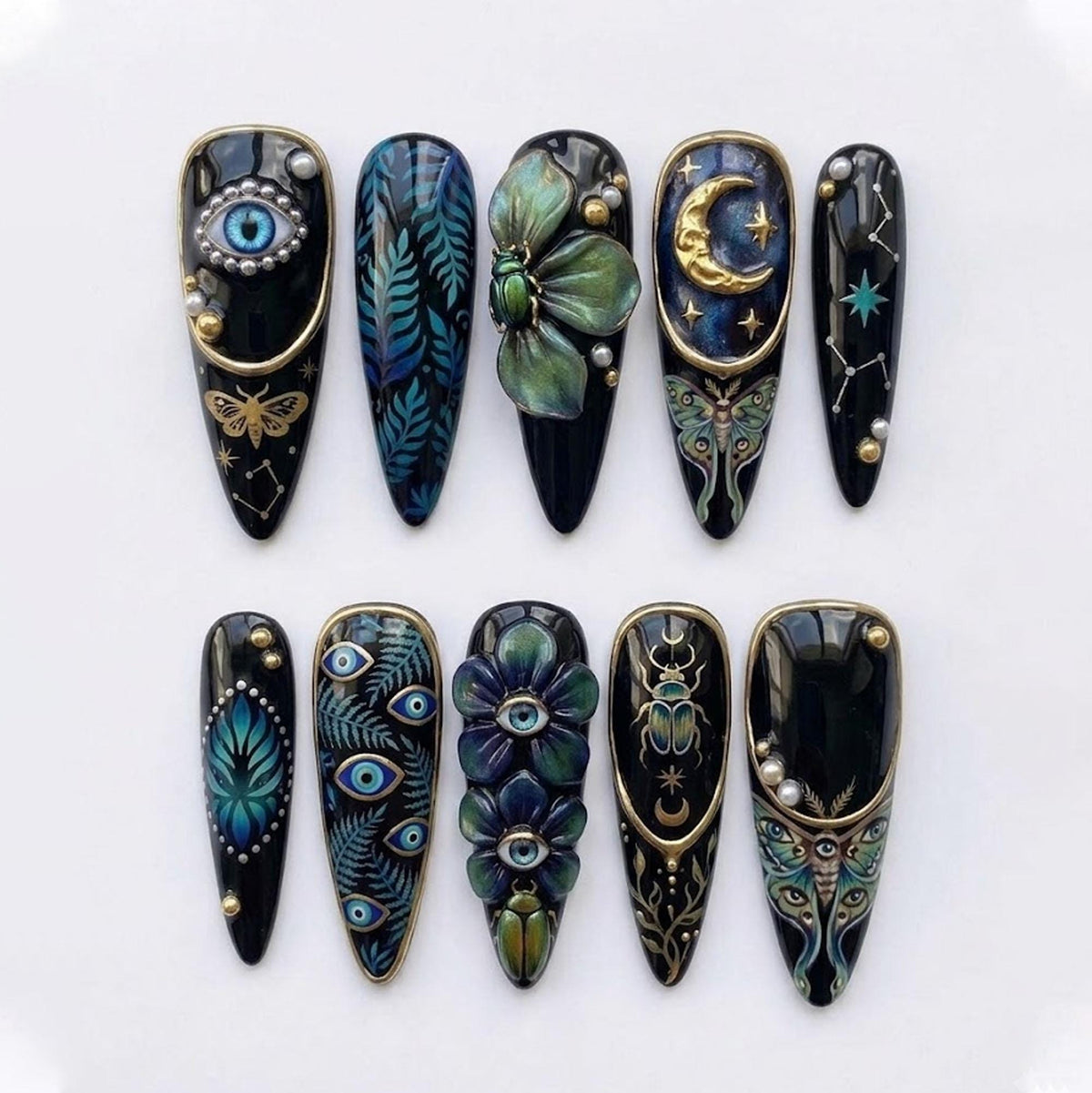 Gothic Celestial Moth and Scarab Nail Set in Black, Teal and Gold