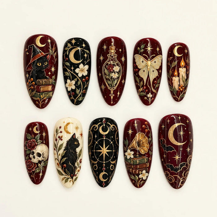 Gothic Celestial Press On Nail Set With Moons, Stars, Cats, and Vintage Botanical Art