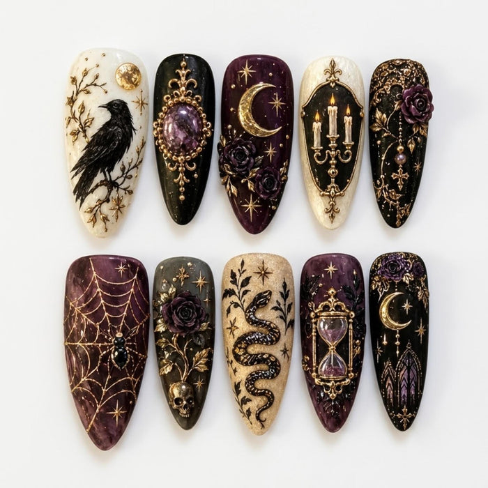 Gothic Celestial Press On Nails With Gold Moons, Roses, Raven and Ornate Details
