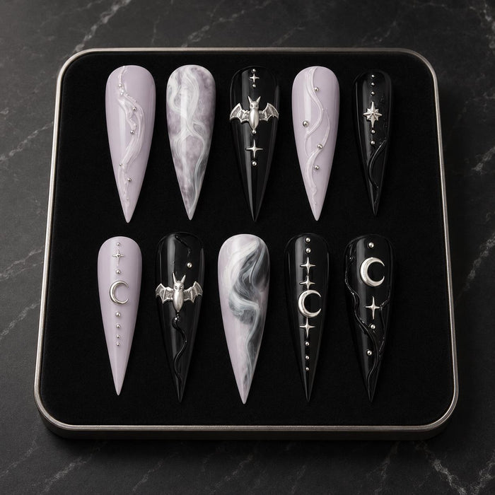 Gothic Celestial Press On Nails with Silver Bats, Moons and Smoky Marble