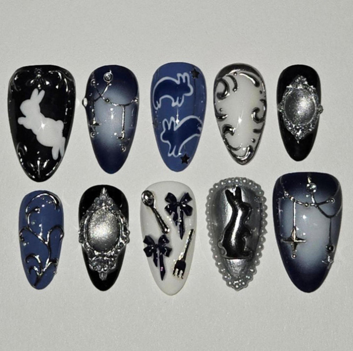 Gothic Celestial Navy and Black Nails with Silver Bunny, Bows, and Ornate Frames