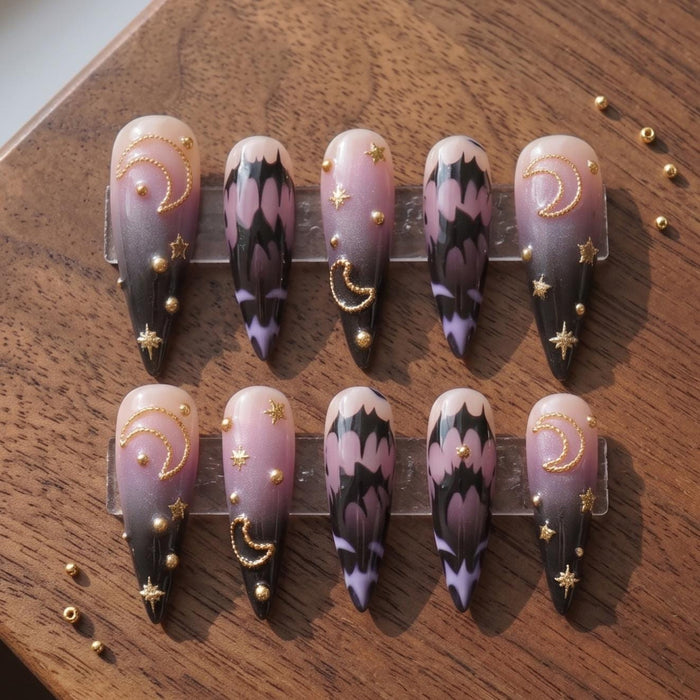 Gothic Celestial Pink and Lavender Ombre Press On Nails With Gold Moons and Stars