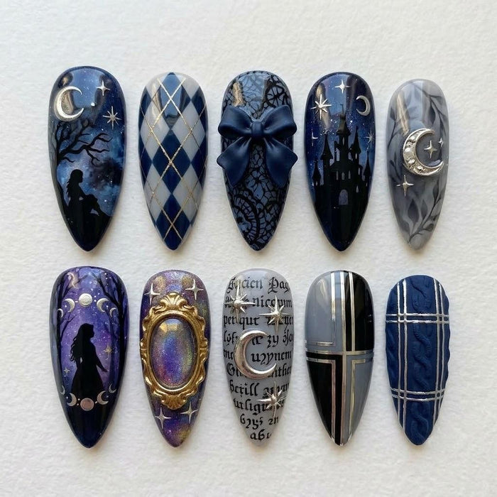 Gothic Celestial Press On Nail Set with Moon, Castle, Plaid and Raised Bow Details