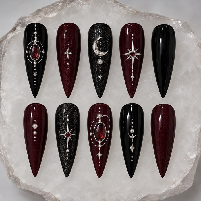 Gothic Celestial Press-On Nails in Black and Burgundy with Moon and Starburst Gems