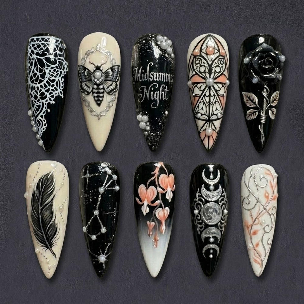 Gothic Celestial Press On Nails With Black Rose, Moths, Lace, and Moon Phases