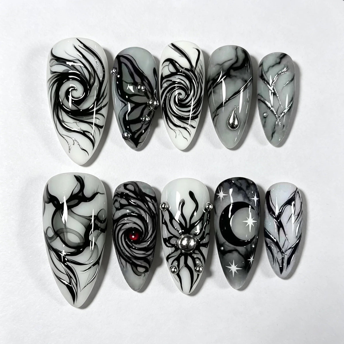 Gothic Celestial Press On Nails With Black Swirls, Moon and Stars