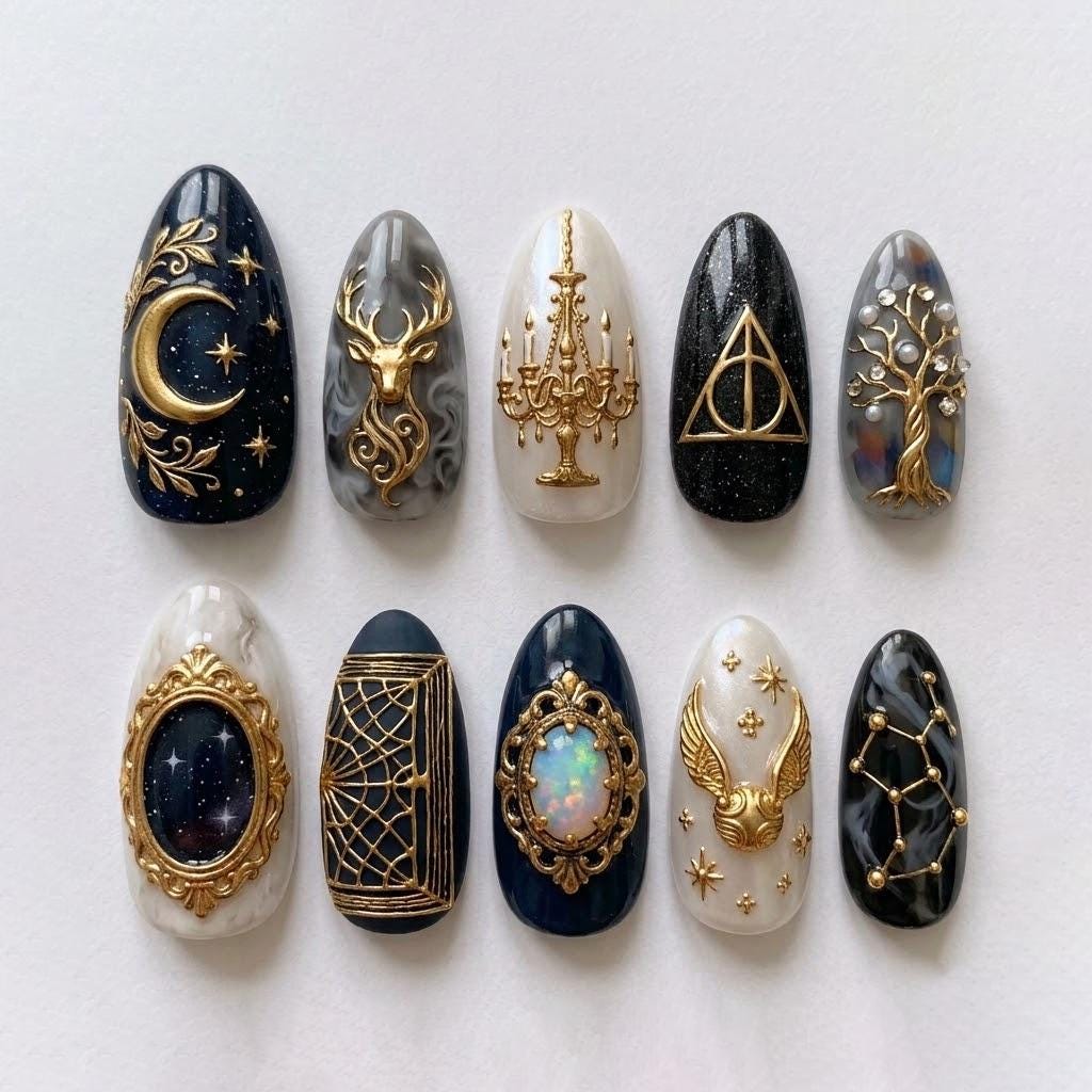 Gothic Celestial Press On Nails With Gold Deer and Moon Details