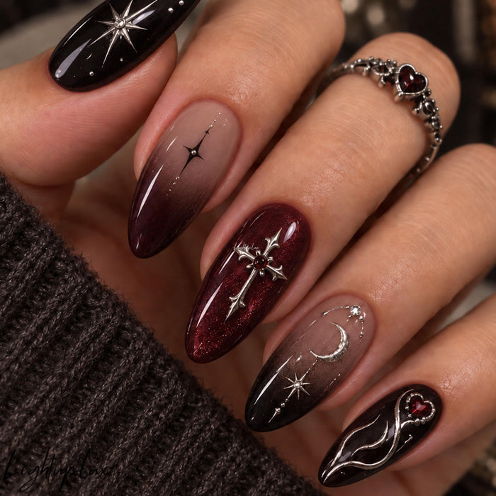 Gothic Celestial Press On Nails with Silver Cross, Moon and Star Details