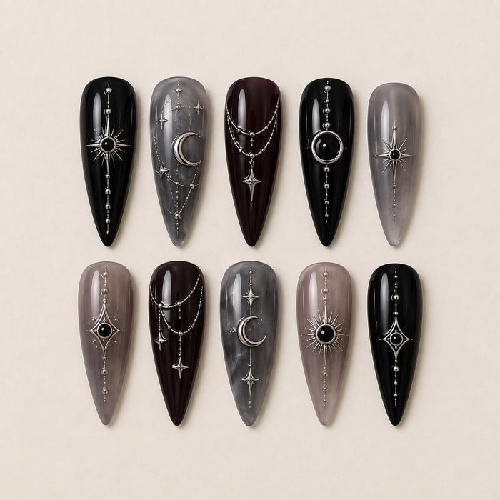 Gothic Celestial Press-On Nails With Silver Moons, Stars and Sunbursts