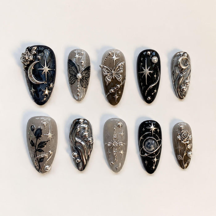 Gothic Celestial Press On Nails with Silver Moons, Stars, Florals, and Rhinestones