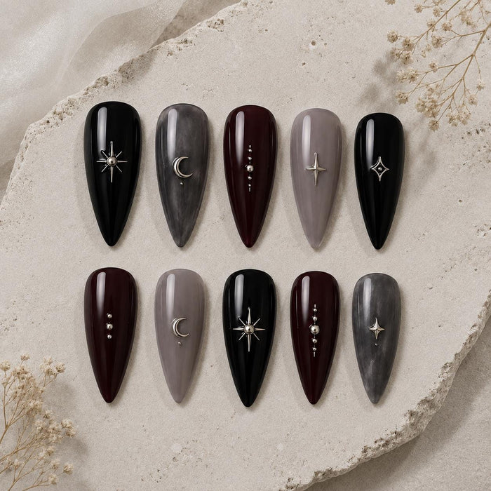 Gothic Celestial Press On Nails With Silver Moons and Stars