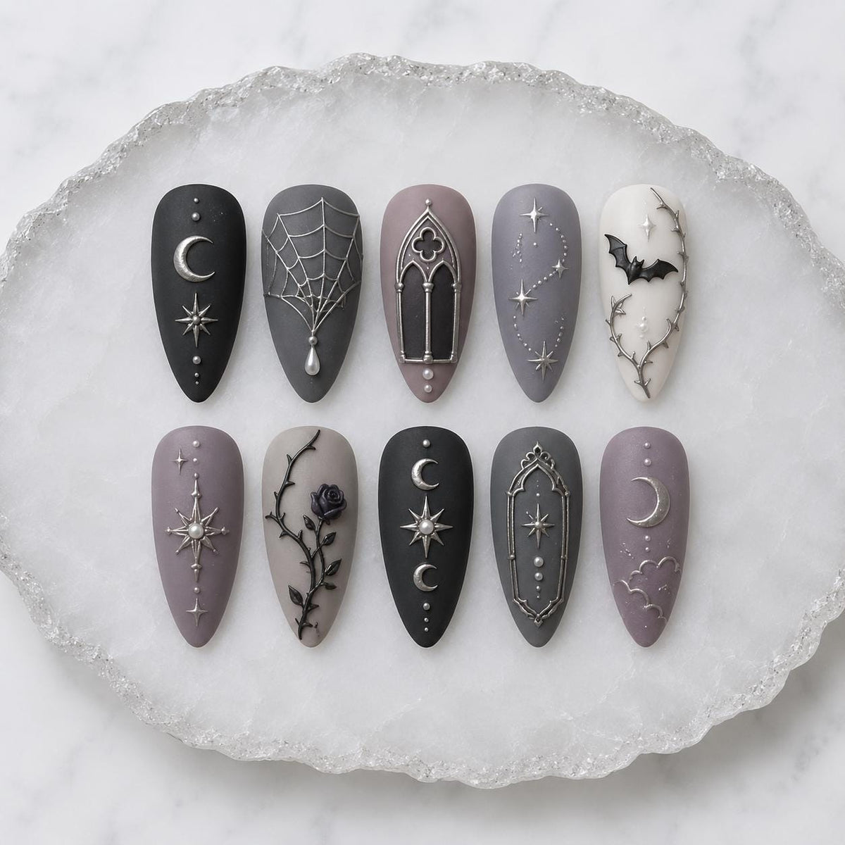 Gothic Celestial Press On Nails with Silver Webs, Arches, Bat and Rose