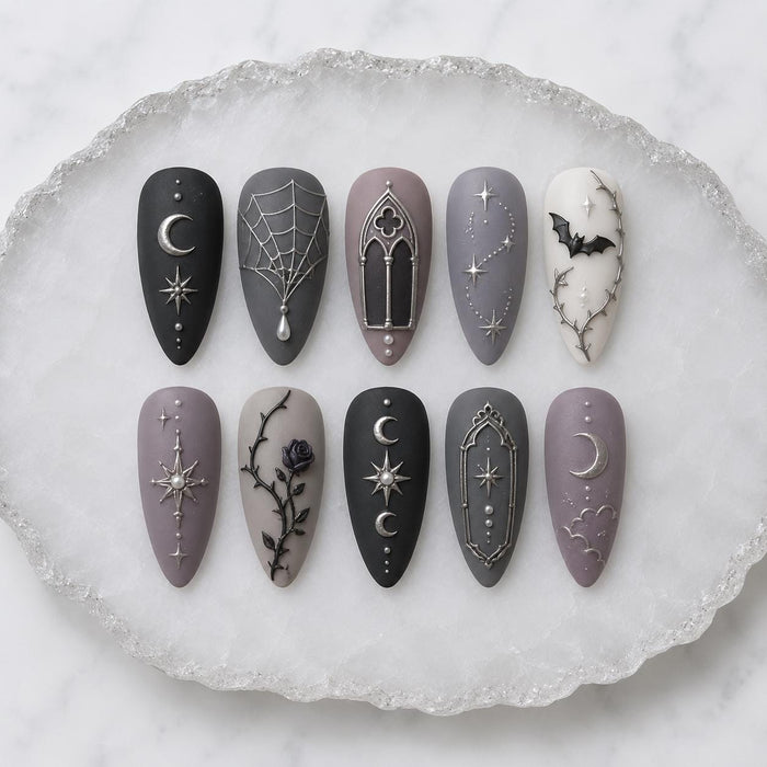 Gothic Celestial Press On Nails with Silver Webs, Arches, Bat and Rose