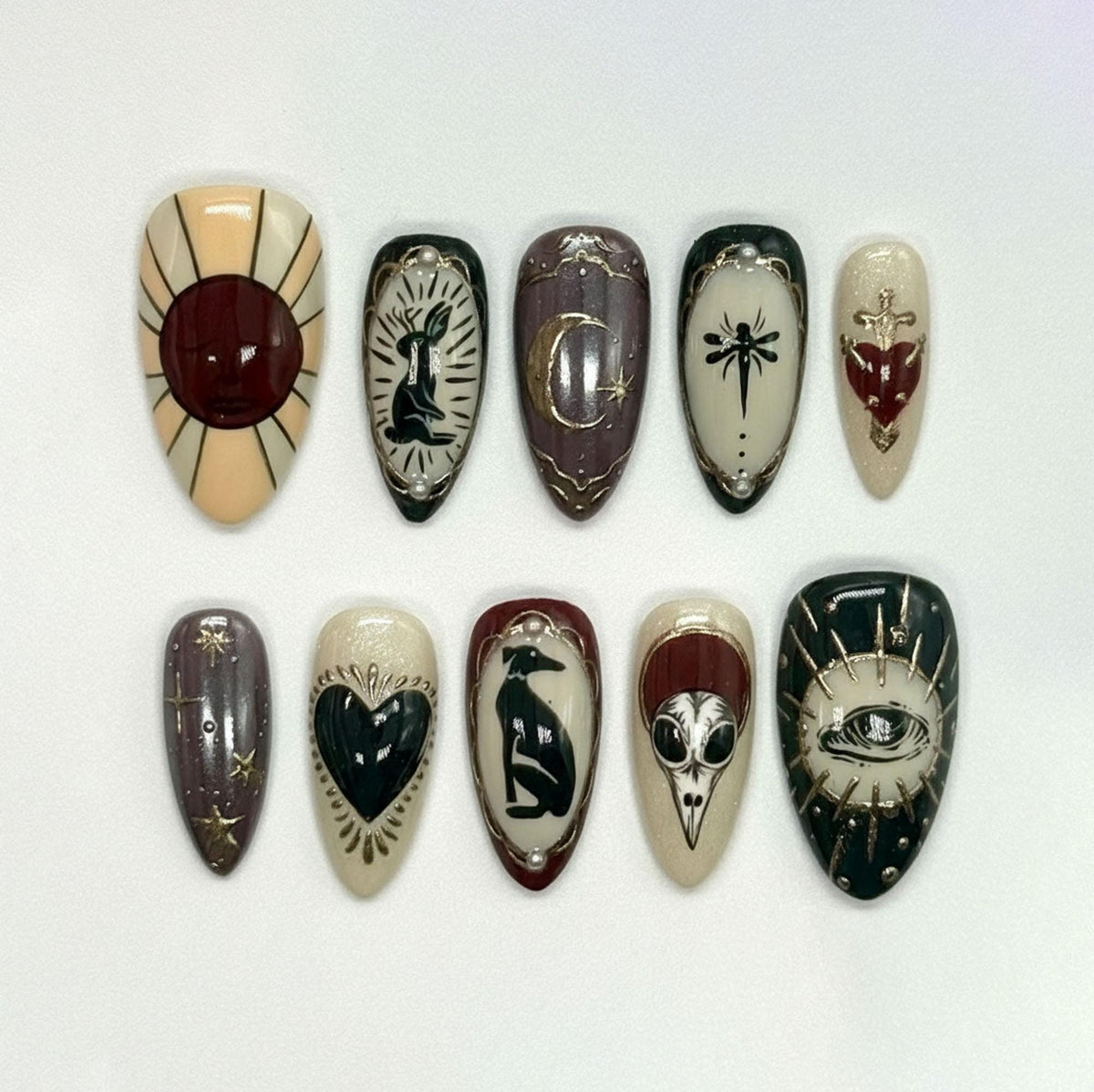 Gothic Celestial Press On Nails with Sun, Moon, Cat and Occult Symbols