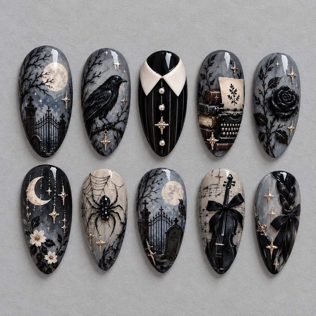 Gothic Cemetery and Raven Nail Set with Black Rose, Violin, and Gold Celestial Accents