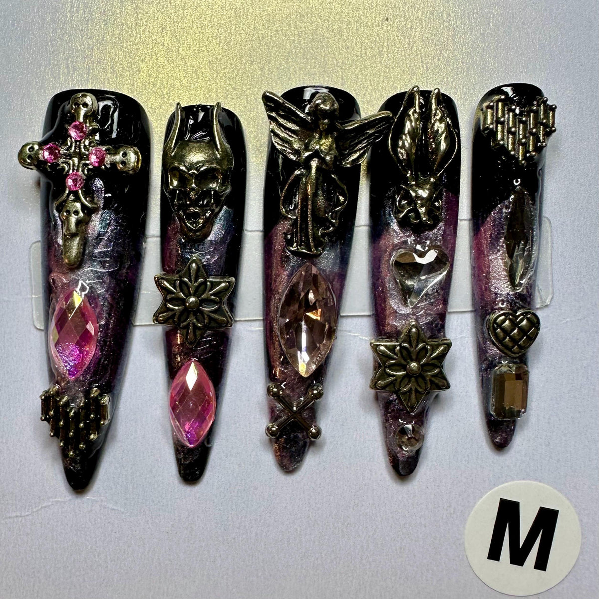 Gothic Charm Nail Set With Rhinestones and Metallic Details