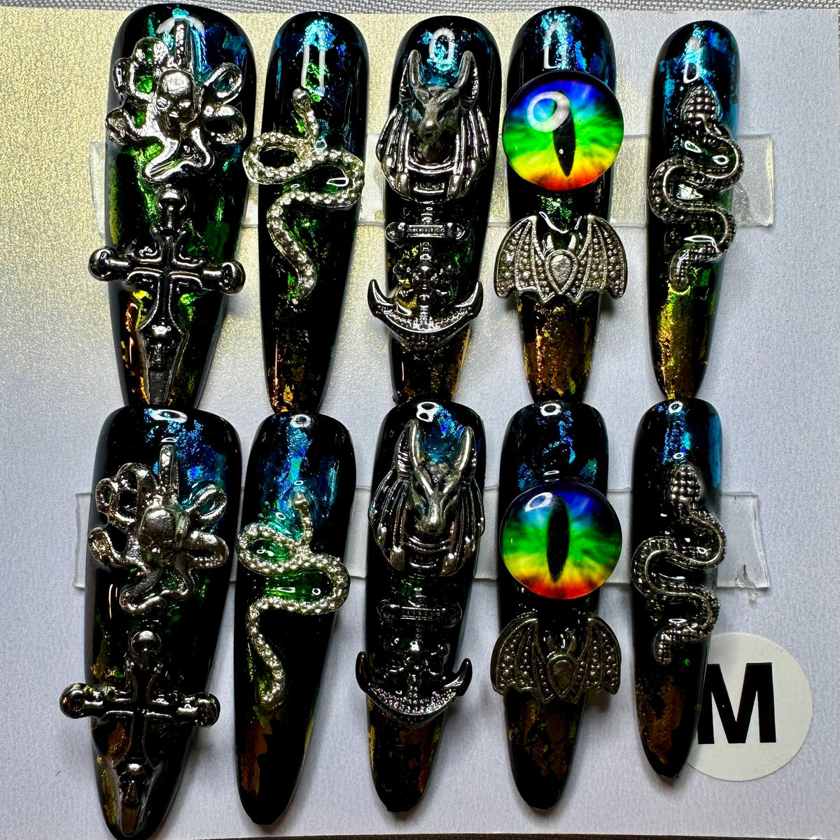 Gothic Charm Nail Set With Rhinestones and Metallic Details