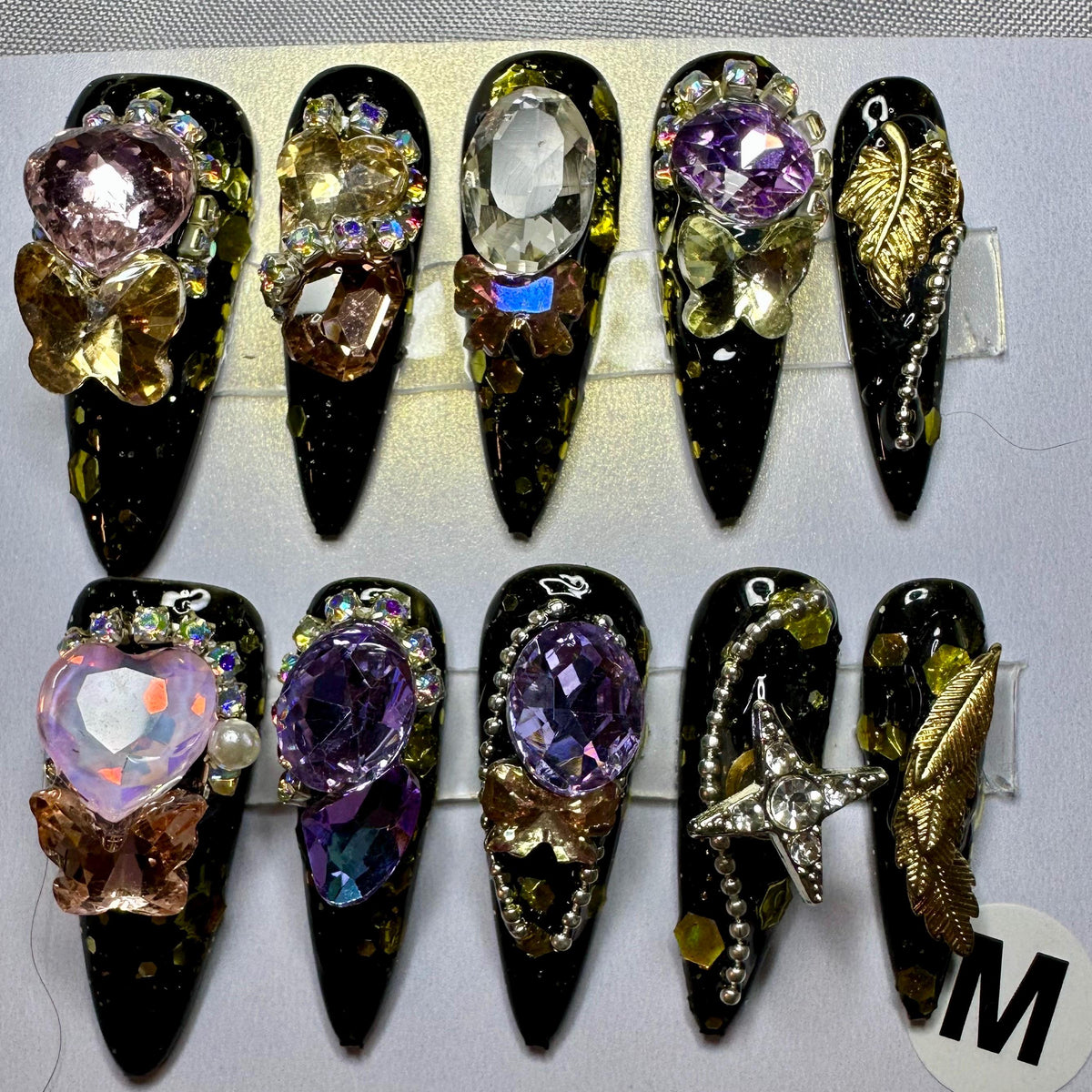 Gothic Charm Nail Set With Rhinestones and Metallic Details