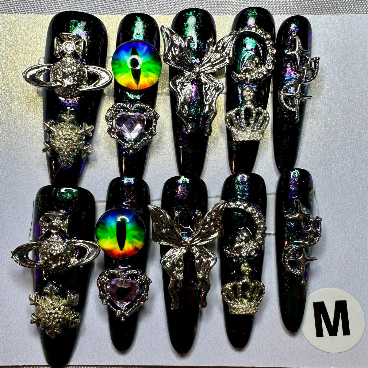 Gothic Charm Nail Set With Rhinestones and Metallic Details