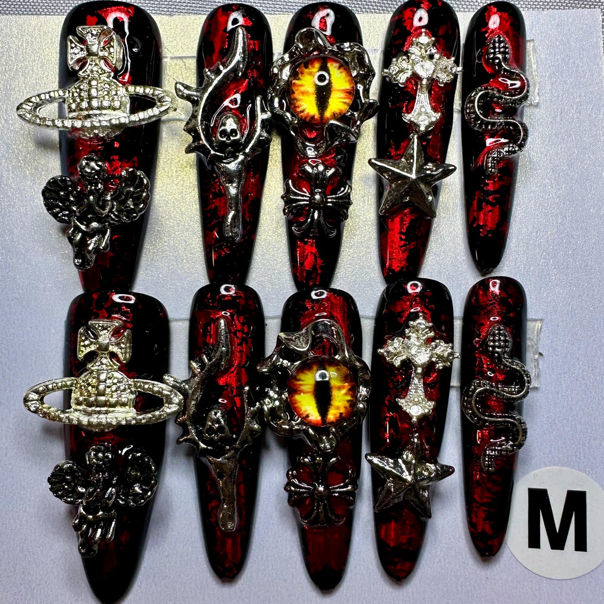 Gothic Charm Nail Set With Rhinestones and Metallic Details