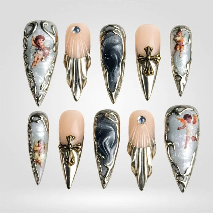 Gothic Cherub Press-On Nails With Silver Chrome, Cross Charms and Blue Stones