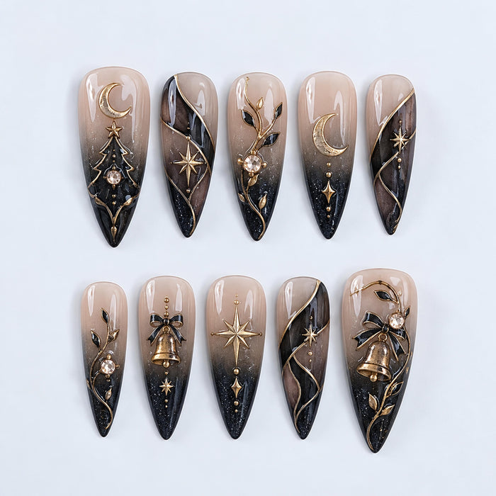 Gothic Christmas Celestial Press-On Nails with Gold Bells, Moons and Stars