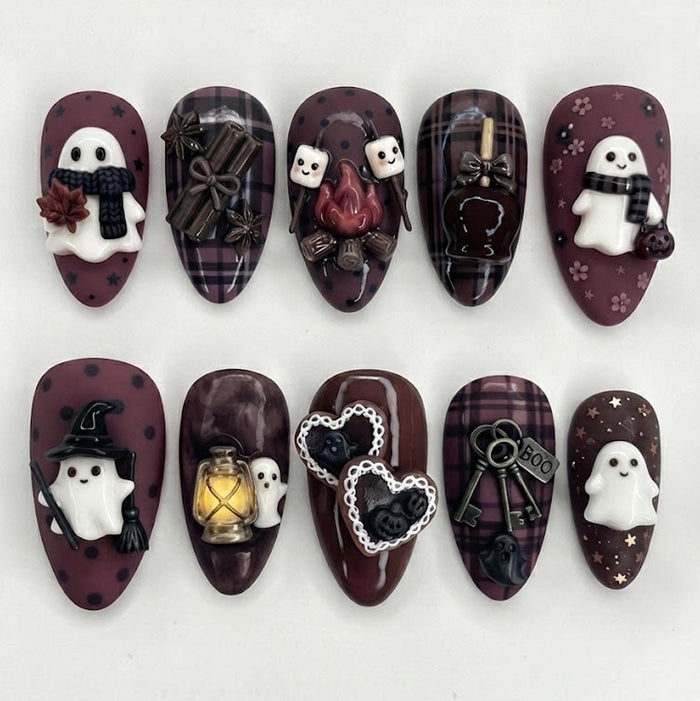 Gothic Christmas Ghost and Plaid Press On Nail Set