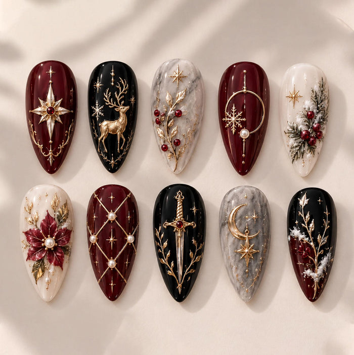 Gothic Christmas Press On Nail Set With Burgundy, Gold Celestial Art, Reindeer and Poinsettia