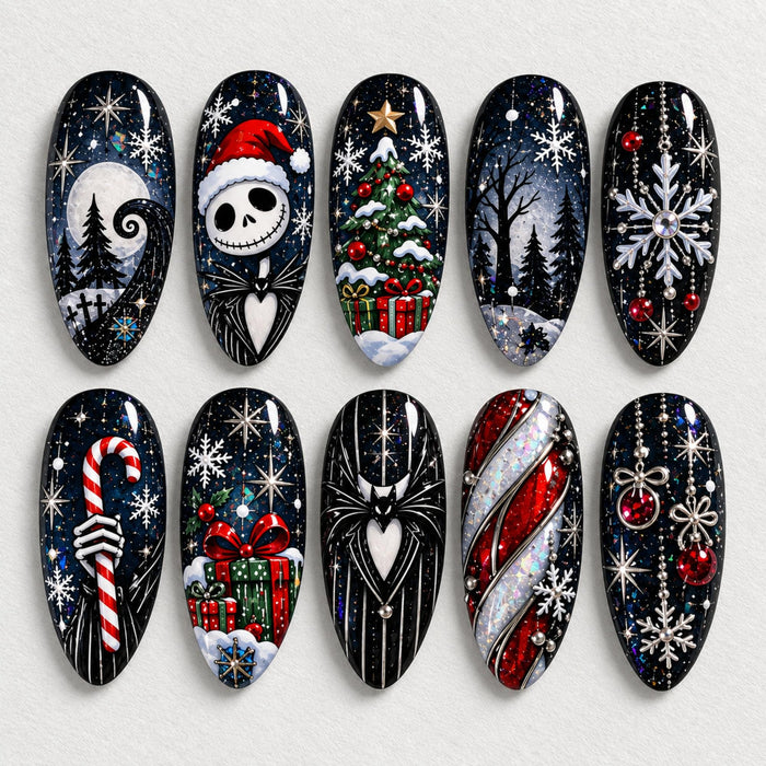 Gothic Christmas Press On Nail Set with Skeleton Santa, Candy Cane, Snowflakes and Winter Scenes