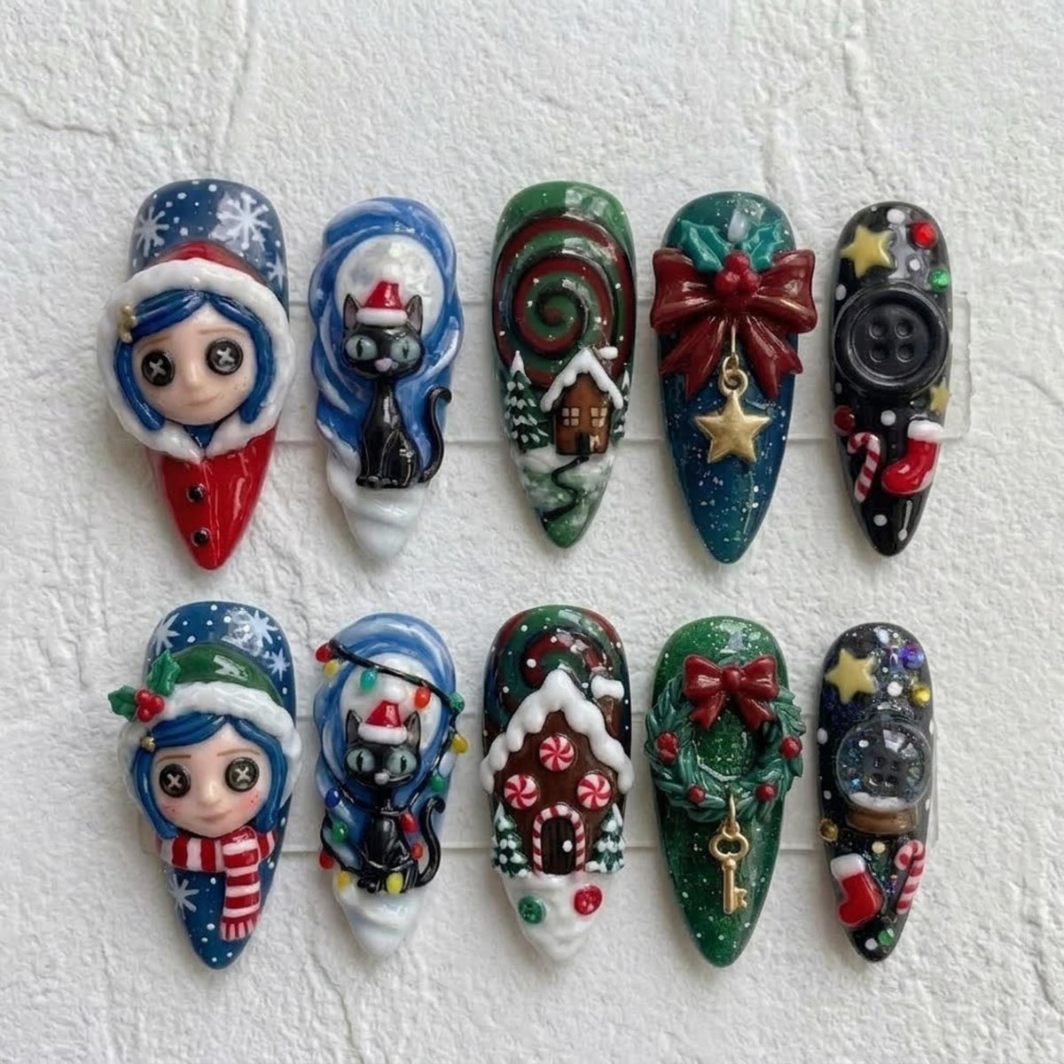 Gothic Christmas Nails With Button-Eyed Figures, Black Cat, Gingerbread House and Bows