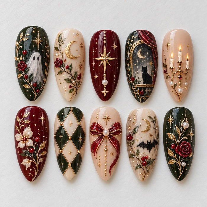 Gothic Christmas Press On Nails with Ghost, Black Cat, Roses and Gold Celestial Details