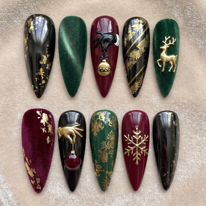 Gothic Christmas Press On Nails with Gold Reindeer, Snowflake and 3D Ornament Details