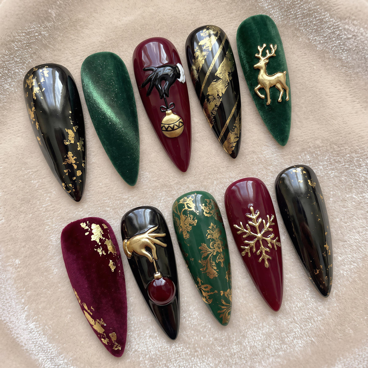 Gothic Christmas Nails with Gold Reindeer, Snowflake and 3D Ornament Details