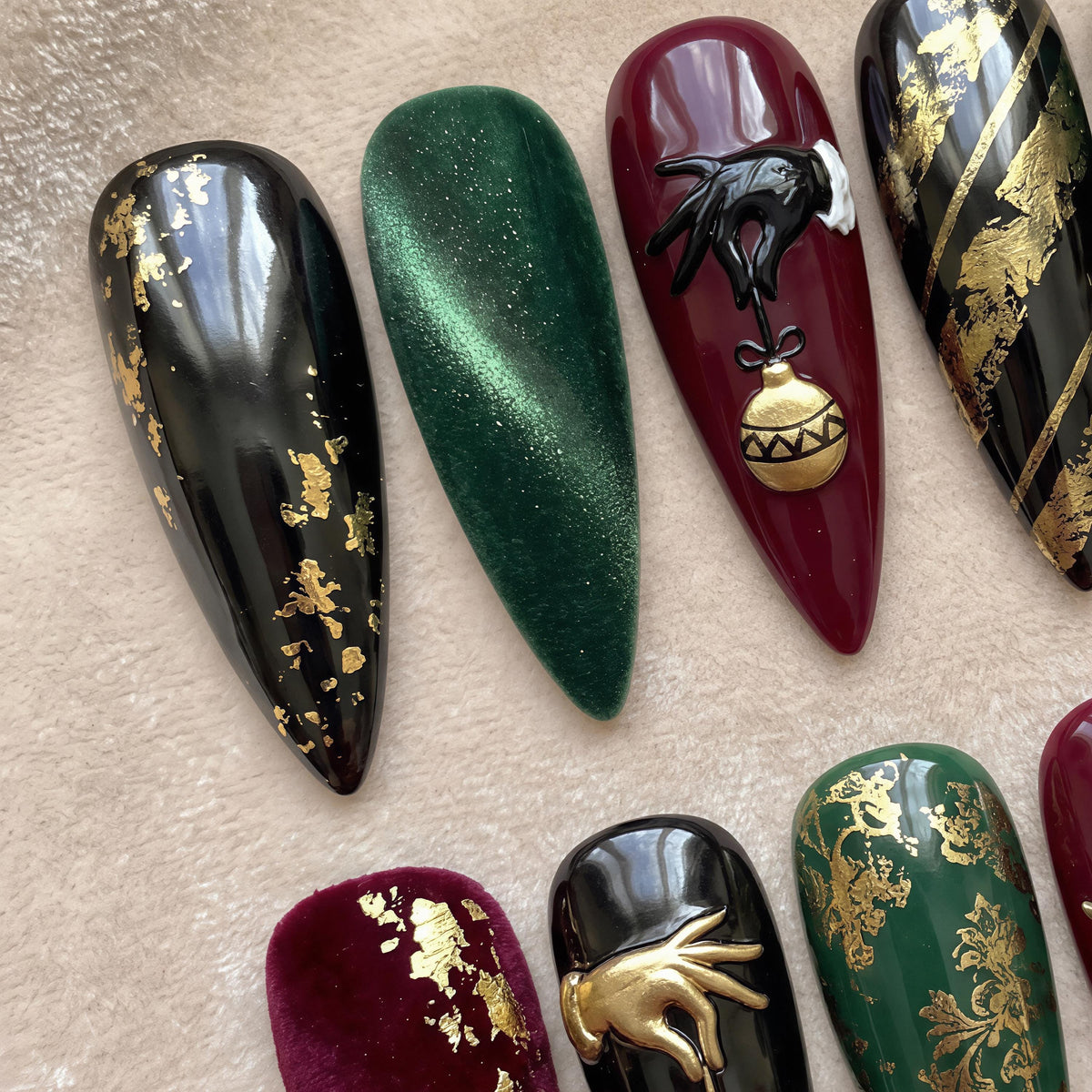 Gothic Christmas Nails with Gold Reindeer, Snowflake and 3D Ornament Details