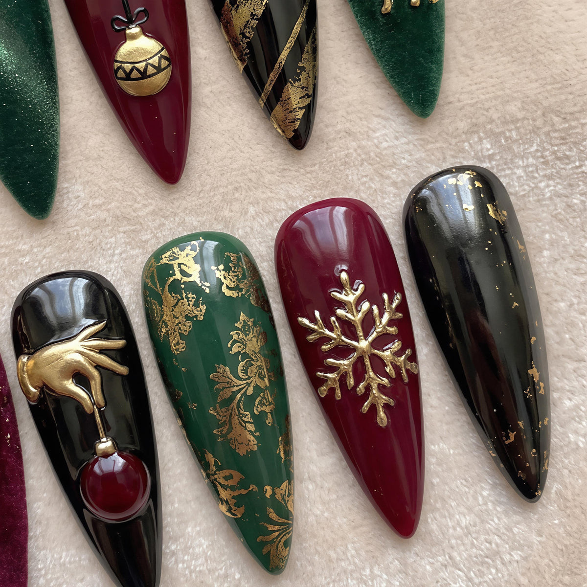 Gothic Christmas Nails with Gold Reindeer, Snowflake and 3D Ornament Details
