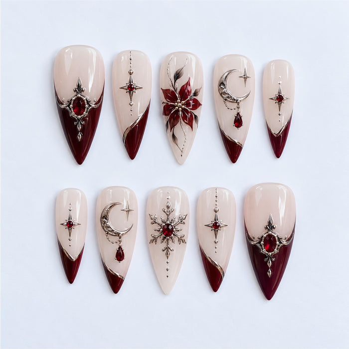 Gothic Christmas Press On Nails with Oxblood Tips, Silver Moons and Garnet-Red Details