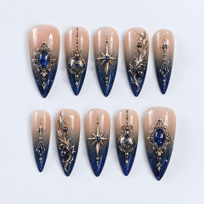 Gothic Christmas Nude to Midnight Blue Vintage Jewelry Press On Nails