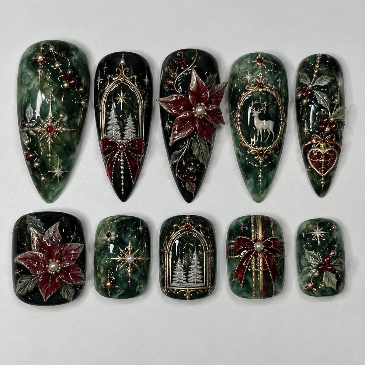 Gothic Christmas Poinsettia Press-On Nails With Gold Filigree