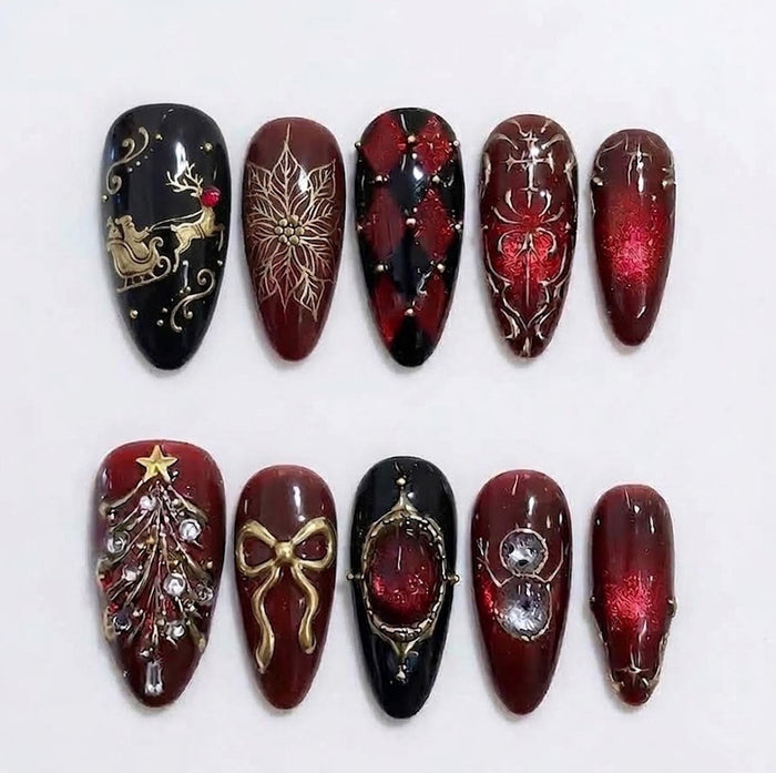Gothic Christmas Press On Nails in Burgundy and Black With Gold Sleigh, Bow and Rhinestone Tree