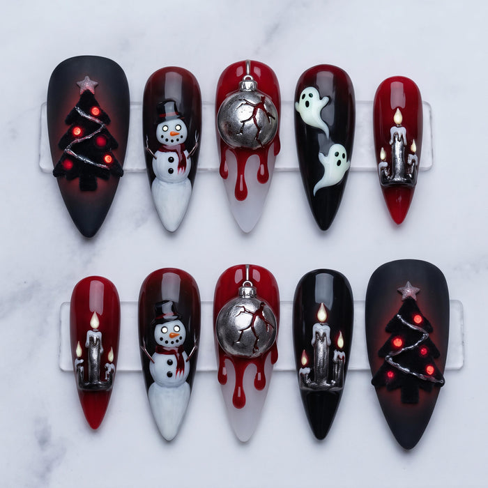 Gothic Christmas Press On Nails With 3D Snowmen, Ghosts and Blood-Drip Ornaments