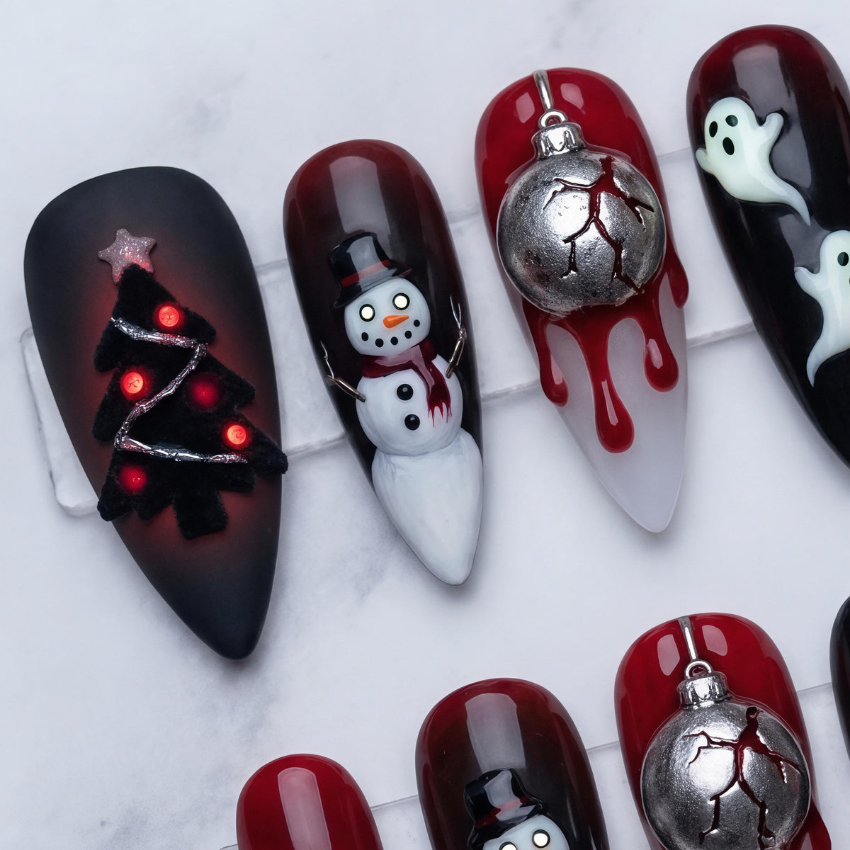 Gothic Christmas Press On Nails With 3D Snowmen, Ghosts and Blood-Drip Ornaments