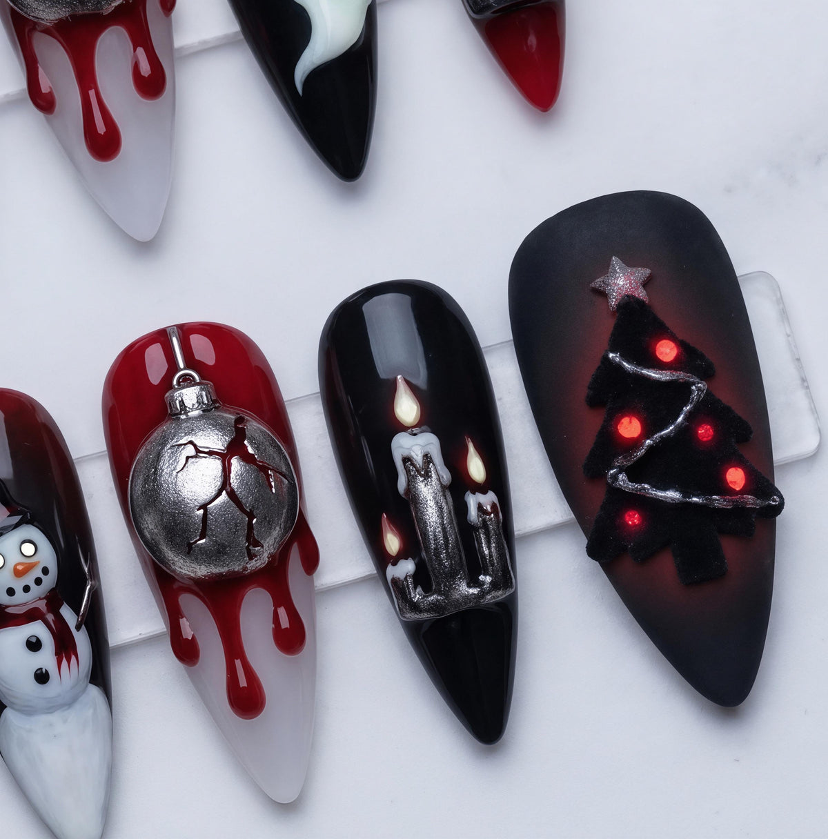 Gothic Christmas Press On Nails With 3D Snowmen, Ghosts and Blood-Drip Ornaments